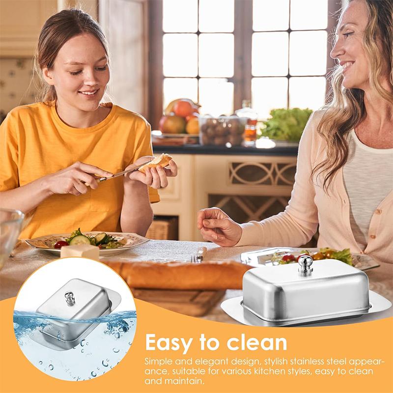 Butter Dish with Lid Stainless Steel Butter Cheese Storage Box Kitchen Butter Tray with Knob Handle Butter Keeper Container