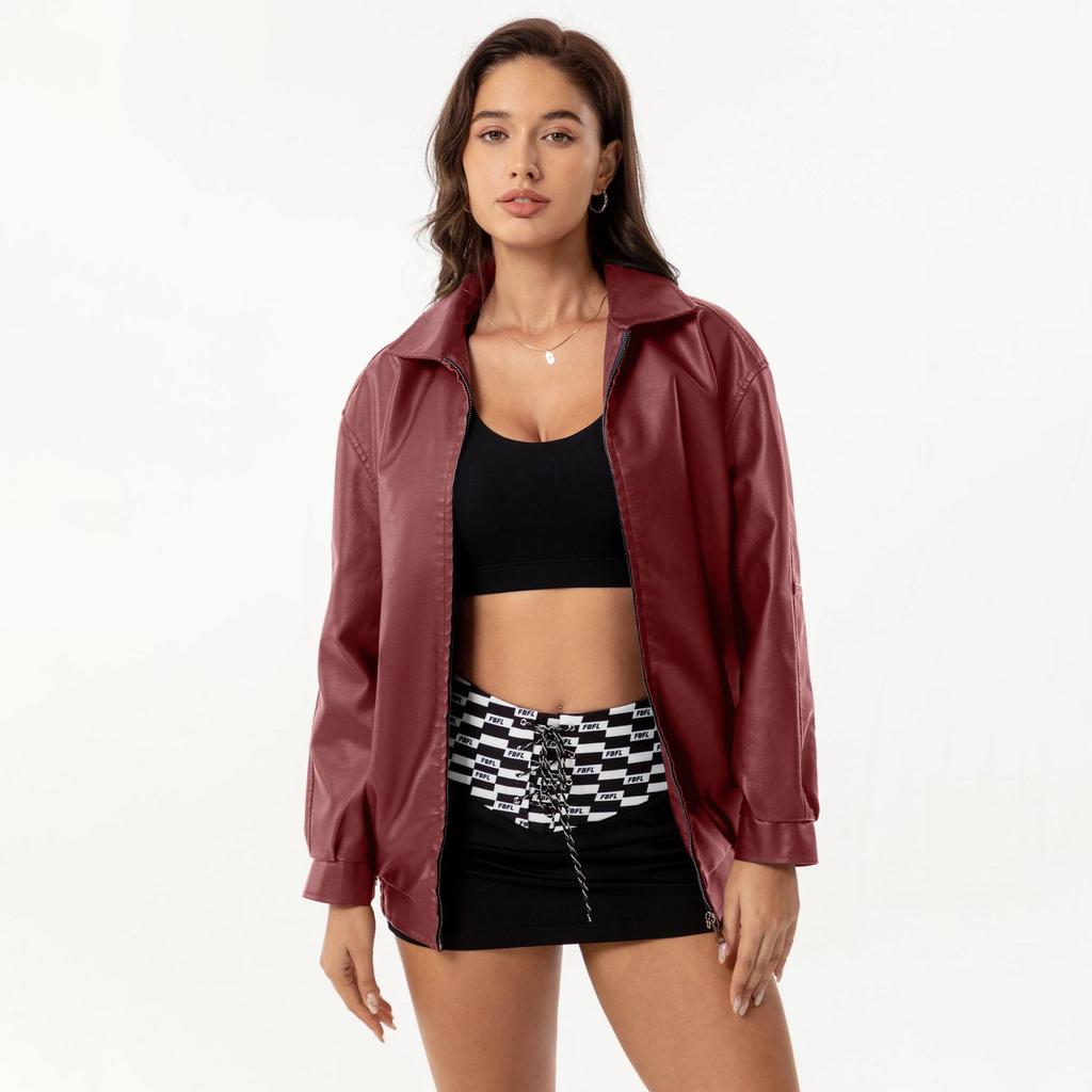 Fall Winter Women Lapel Collar Long Sleeve Slim Fit Zipper Pu Leather Jacket