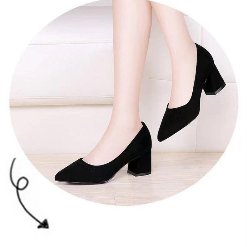 Autumn and winter thick heel single shoes women's medium heel high heels black workplace versatile pointed grandma shoes