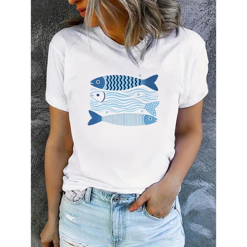 T-shirt da donna estive a maniche corte stampate, alla moda e casual, lavabili in lavatrice, vestibilità comoda, stampa piatta 2D