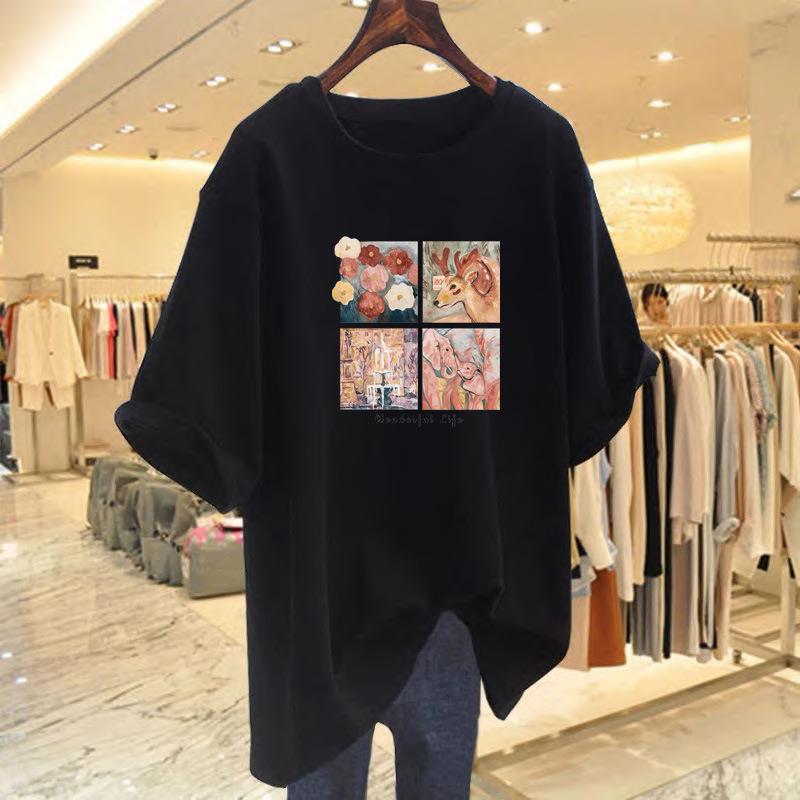 Dark green short-sleeved t-shirt women's large version loose pure cotton medium and long belly-covering and thin half-sleeved t-shirt ns tide
