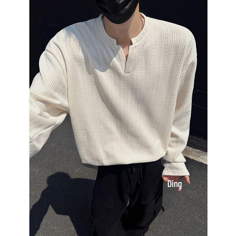 Men's American Trendy V-Neck Jacquard Sweatshirt: Loose Fit, Long-Sleeve, Casual High Street Style T-Shirt for Autumn.