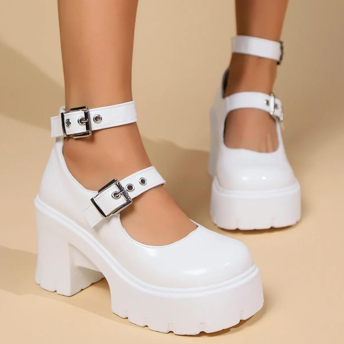 

2025 Готические туфли-лодочки на массивной платформе для женщин Супер высокие каблуки Ремешок на щиколотке Туфли Мэри Джейн Лакированная кожа Толстый каблук Туфли-лодочки Женские 35 белый