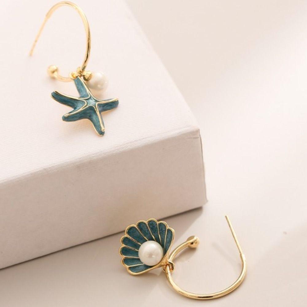 Blue Pearl  Earrings Zinc Zinc Alloy Dangle Earrings Drip Glaze Ear Accessories  Beach Party