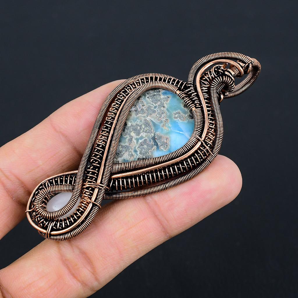 Natürlicher Karibischer Larimar, Rosenquarz Stein Kupferdraht Wickel Anhänger 3.54 v1q58
