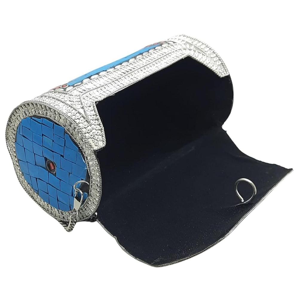 Eye Catching Handmade Cylinder Round Ethnic Stone Metal bag Antique Bridal clutch