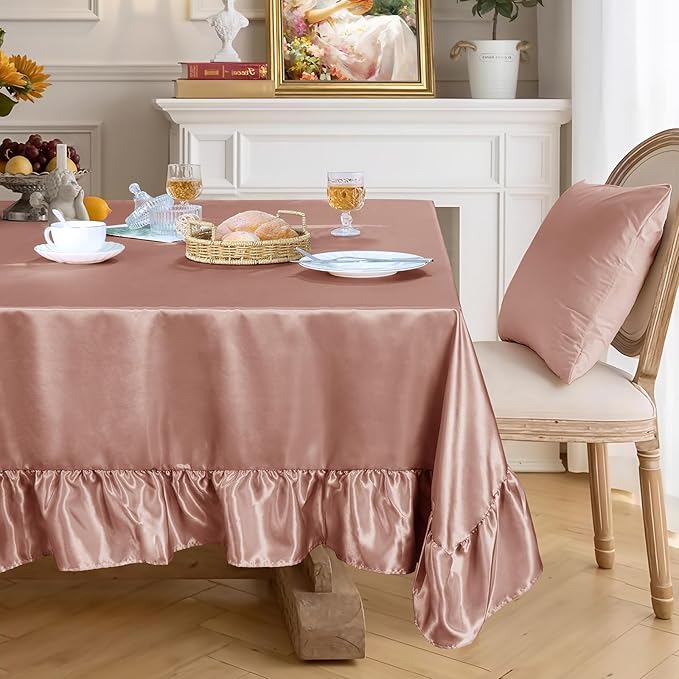 Gold Satin Tablecloth Rectangle Ruffled Table Cover,Ruffle Table Skirt for Kitchen Dining Weddings Dining Table Home Decoration