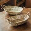 Retro Style Handmade Coarse Pottery Rope Woven Binaural Bowl Japanese Ceramic Oval Bowl Household Tableware Vegetable Bowl Fruit Salad Bowl