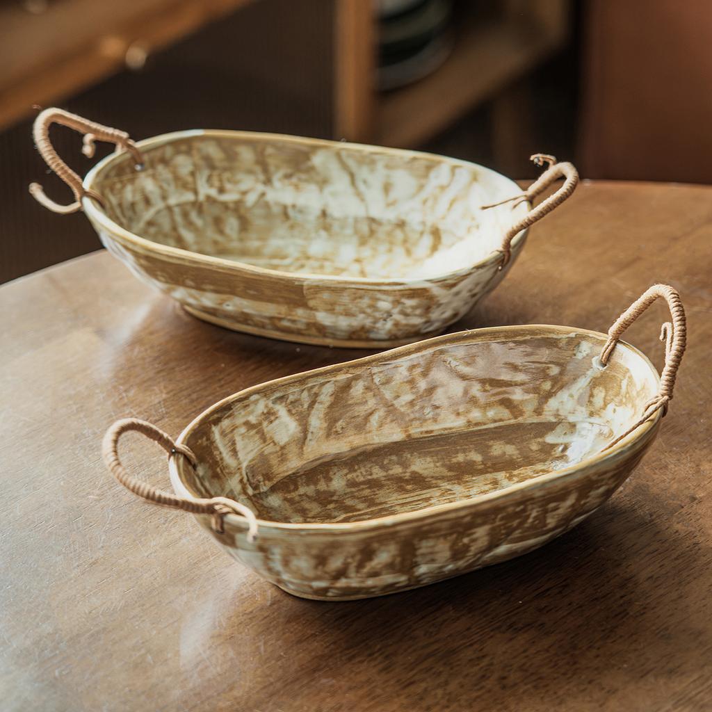 Retro Style Handmade Coarse Pottery Rope Woven Binaural Bowl Japanese Ceramic Oval Bowl Household Tableware Vegetable Bowl Fruit Salad Bowl