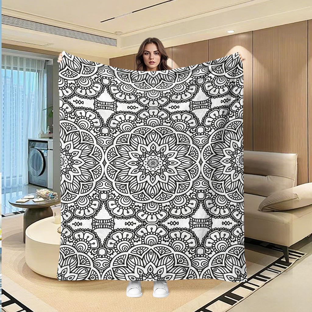 A Hand-painted Coloring Stress-relief Blanket, a DIY Coloring Flannel Sofa Throw with a Multi-layered Continuous Symmetrical Mandala Floral Line Art P
