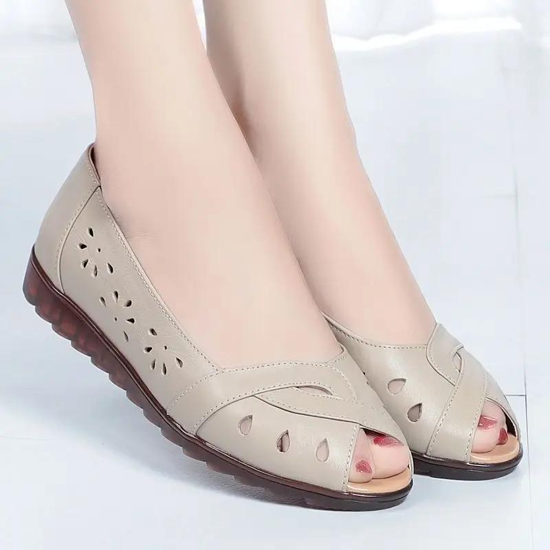 2025 Newly Cutout Leather Sandals Woman Fashion Peep Toe Wedge Summer Shoes Ladies Slip On Hollow Out Loafer Sandal Mom's Shoes