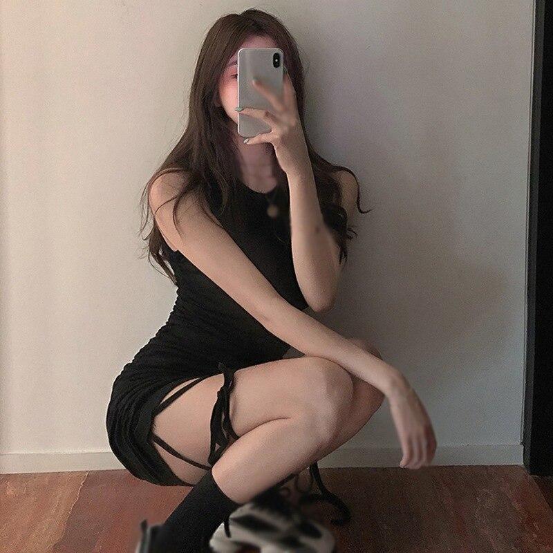 French Bag Hip Snøring Ermeløs Fairy Summer Tight Kort Skjørt Temperament Liten Kjole