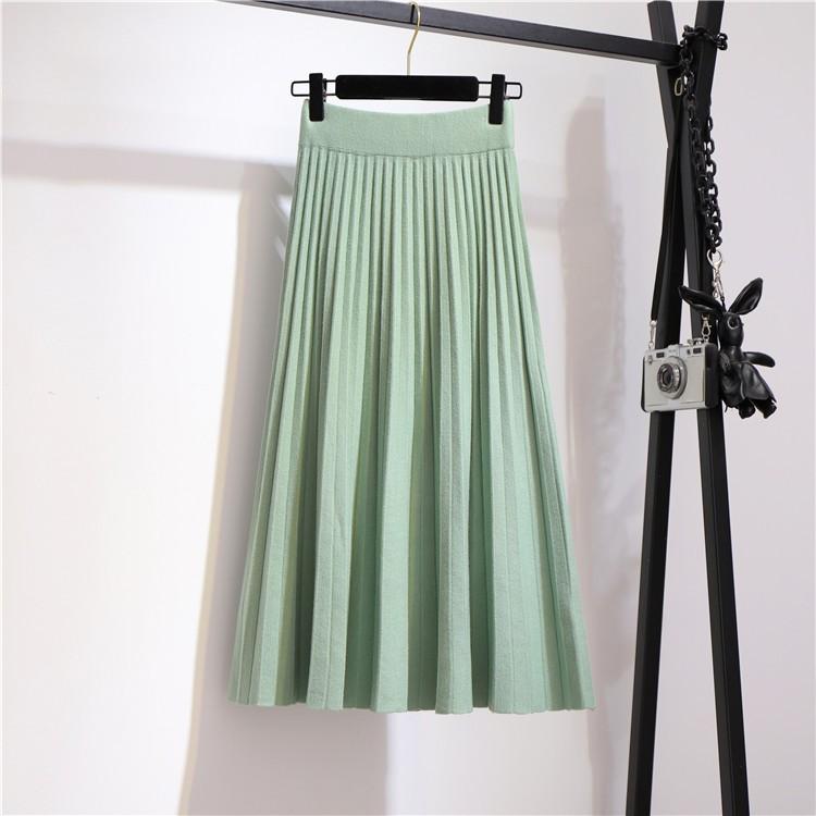 Autumn and Winter High Waisted Knitted Skirt for Women Mid Length Pleated Skirt