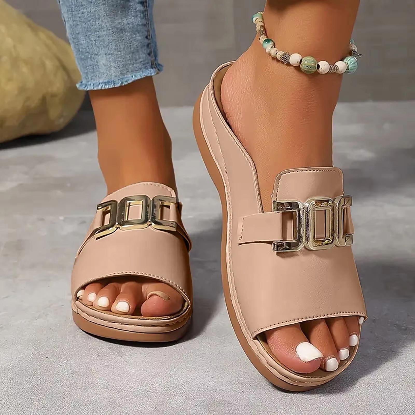 Women s Plus Size Metal Chain Round Toe Slides Spring Casual Sandals 37