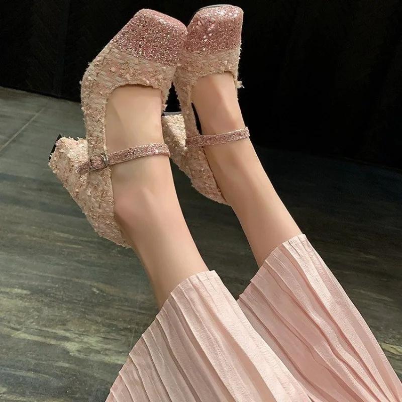 Fashion Slip on Shoes for Women Slip-on Glitter Med Slides Bling PU Hoof Heels Rubber Glitter Shoes Slip-on Slip on Rubber Hoof Heels Me