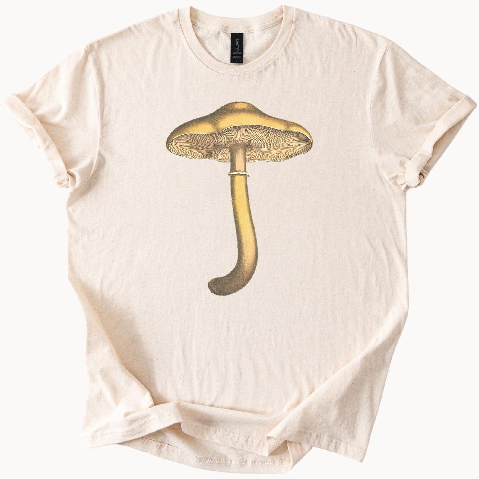 Golden Mushroom Graphic T Shirt Botanical Fungi Art Nature Lover Gift Unique Mushroom Illustration Tee for Mushroom Enthusiasts 100