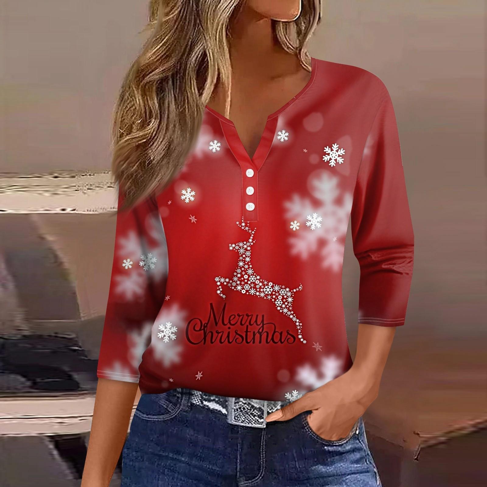 

Женская футболка с рождественским принтом, на пуговицах, рукав 3/4, повседневная мода на выходные, базовый топ с V-образным вырезом XXL