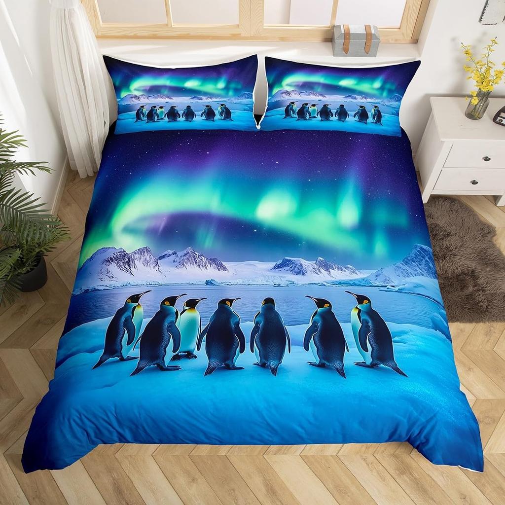 Penguin Duvet Cover Twin Queen Size Antarctic Animal Bedding Set For Kids Boys Girl Cartoon Black White Wildlife Comforter Cover