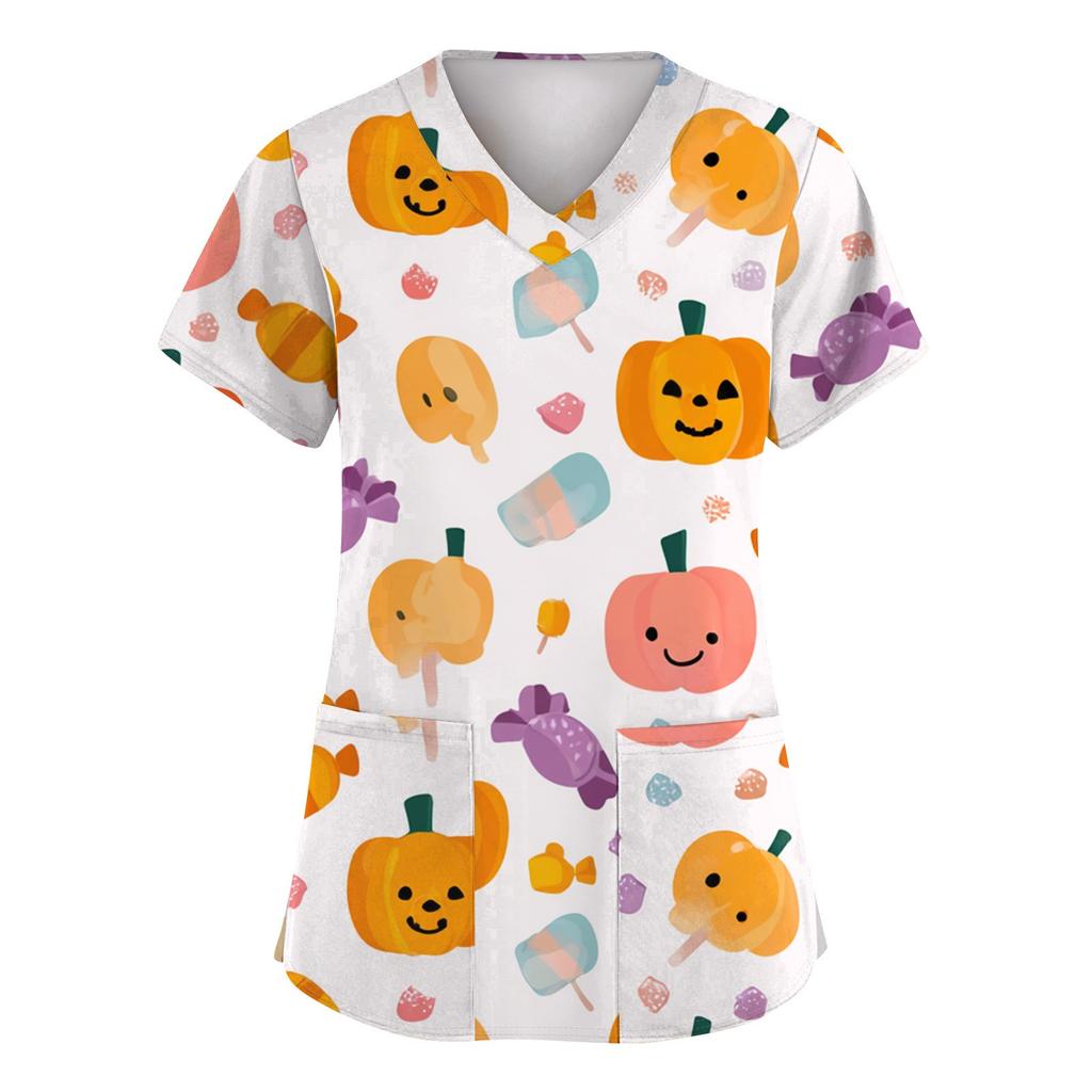 Dámská móda Krátký rukáv Halloweenský potisk Výstřih do V Kapsa Pracovní topy