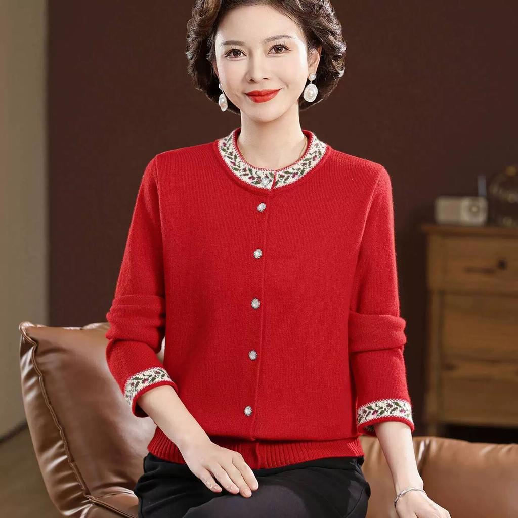 Autumn Winter Women's Round Neck Embroidered Cardigan Sweater Thickened Loose Knit Cardigan