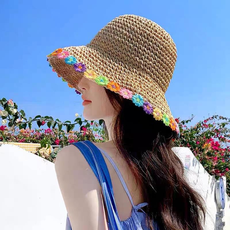 Summer seaside beach vacation wind photo big brim lace flower straw hat women's versatile simple sunshade sunscreen hat