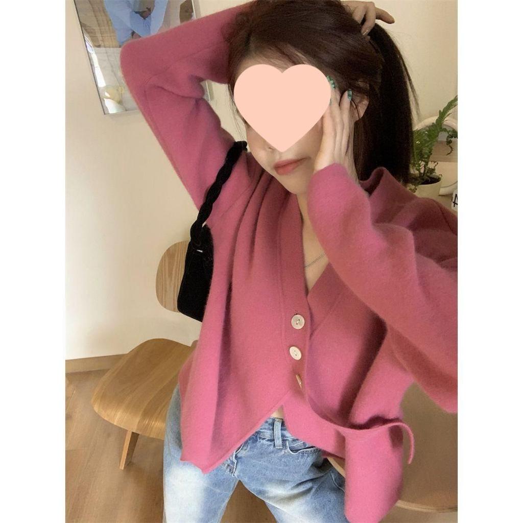 Stylish Women's V-Neck Knit Cardigan: Spring Lazy Style Sweater Coat with Thickened Inner Layer