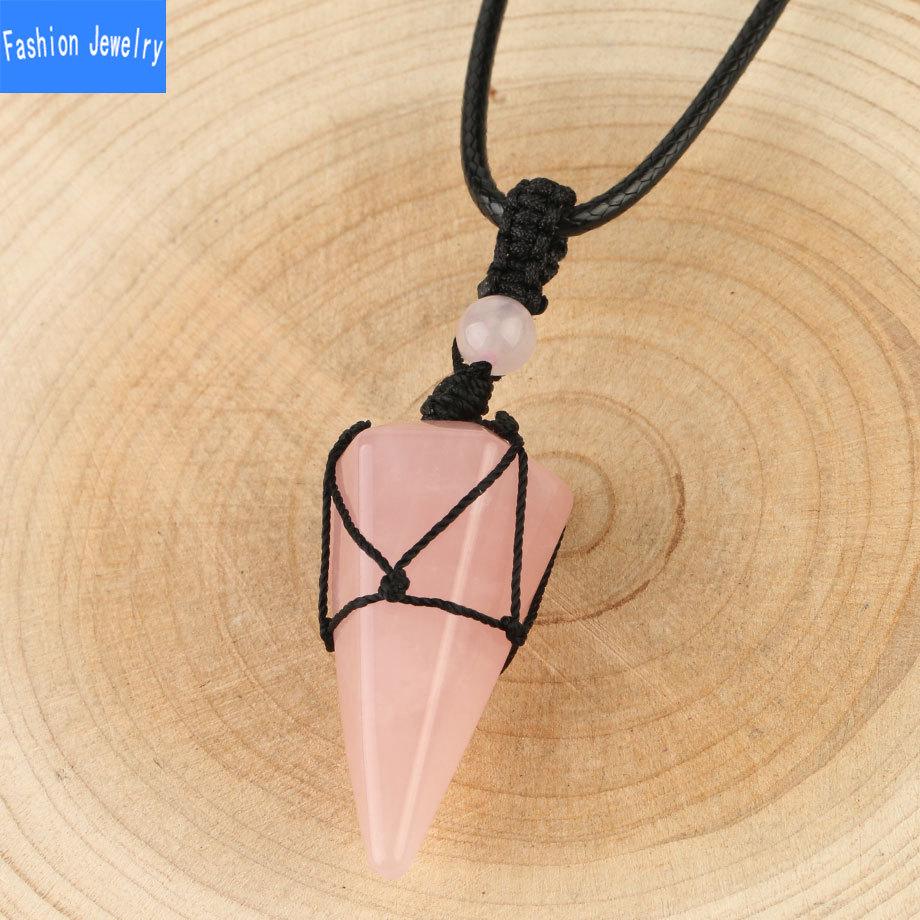 European And American Hand Woven Hexagonal Stone Pendant Accessories Women'S Powder Crystal Amethyst Necklace