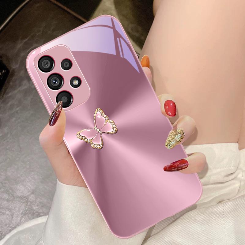 Aurora Butterfly Pink For Samsung Galaxy S10 4G S20 11E 30 S21 21Fe 22 S24 Pro S23 Ultra 5G S8 S9 Tempered Glass Phone Case