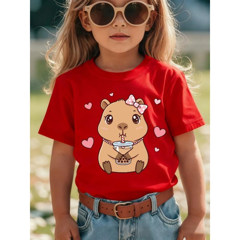 European Sizes Summer Fashion Short-Sleeve T-Shirt for Girls Featuring a Casual And Versatile Capybara Cartoon Print of Drinking Milk Tea