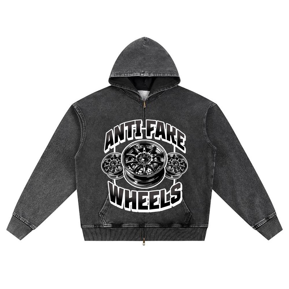 

DTG print Knitted Denim Zip-Up Hoodie Anti Fake Wheels Brother Print Zipper Hoodies S
