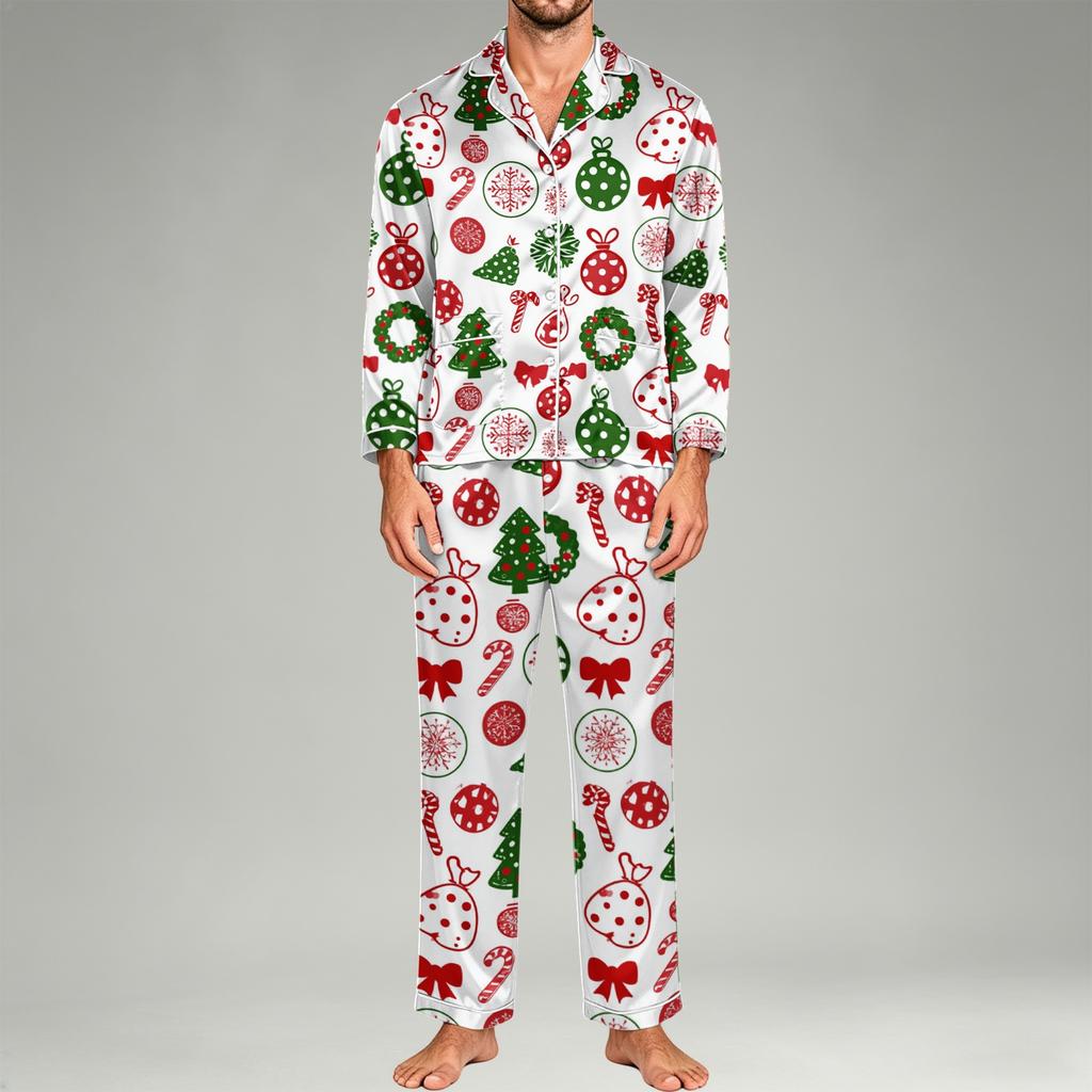 Men's Pajama Set Long Sleeve Button-Down Top and Pants Set for Home Sleepwear