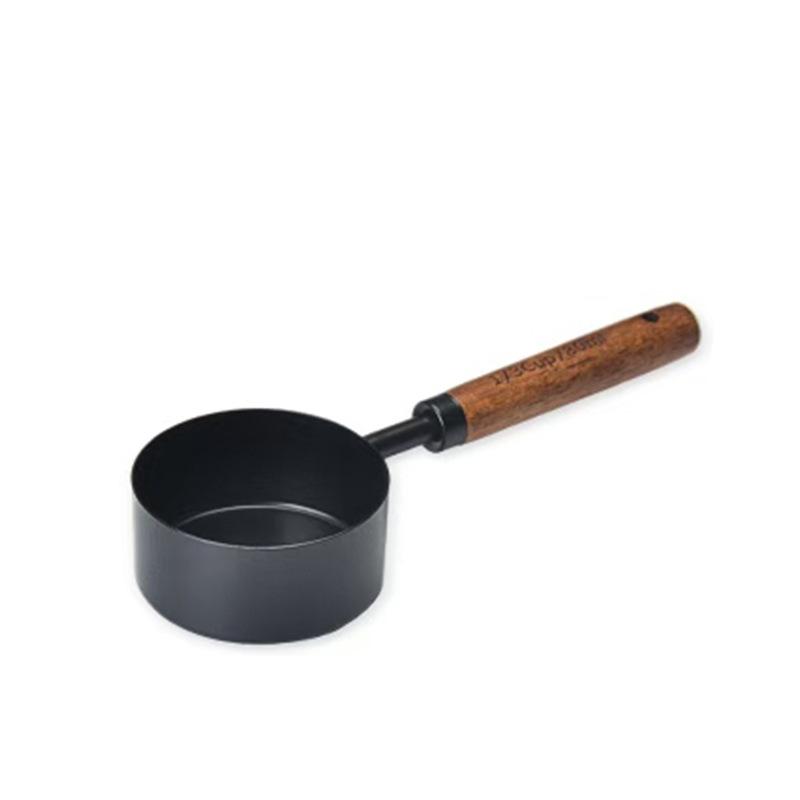 Gold & Black Stainless Steel Measuring Cups and Spoons with Wooden Handles and Scale - Multifunctional Baking & Coffee Spoon Set