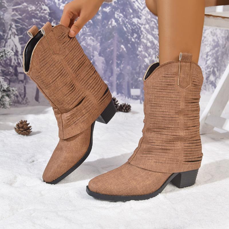 Thick Heel Pointed Short Trousers Fried Street Small Short Boots Women's Shoes New Autumn and Winter Retro Western Cowboy Boots
