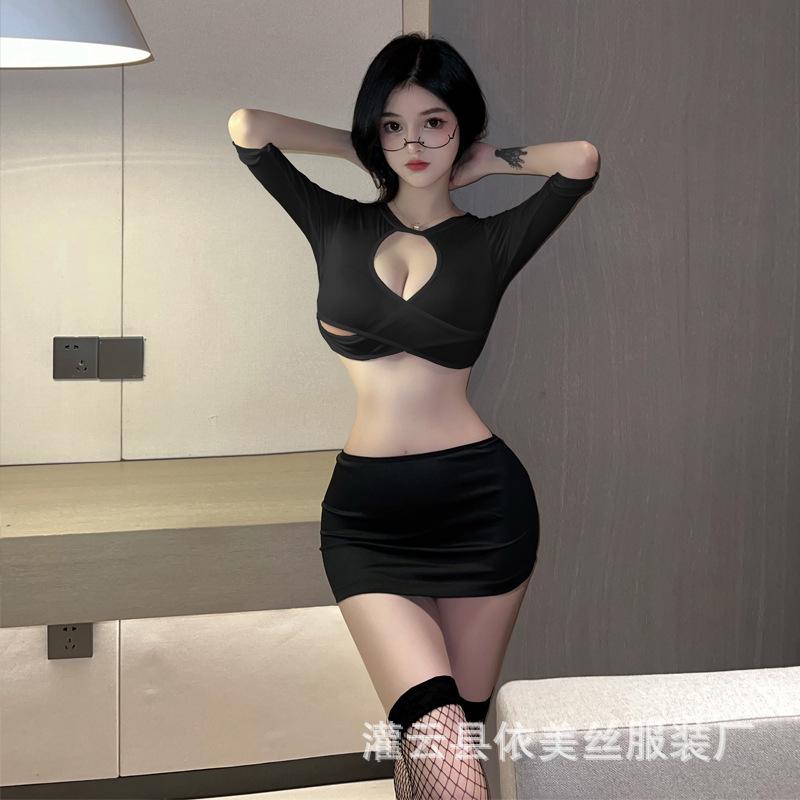 Sexy underwear female secretary hollow uniform small chest shows big hip short skirt bed passion free