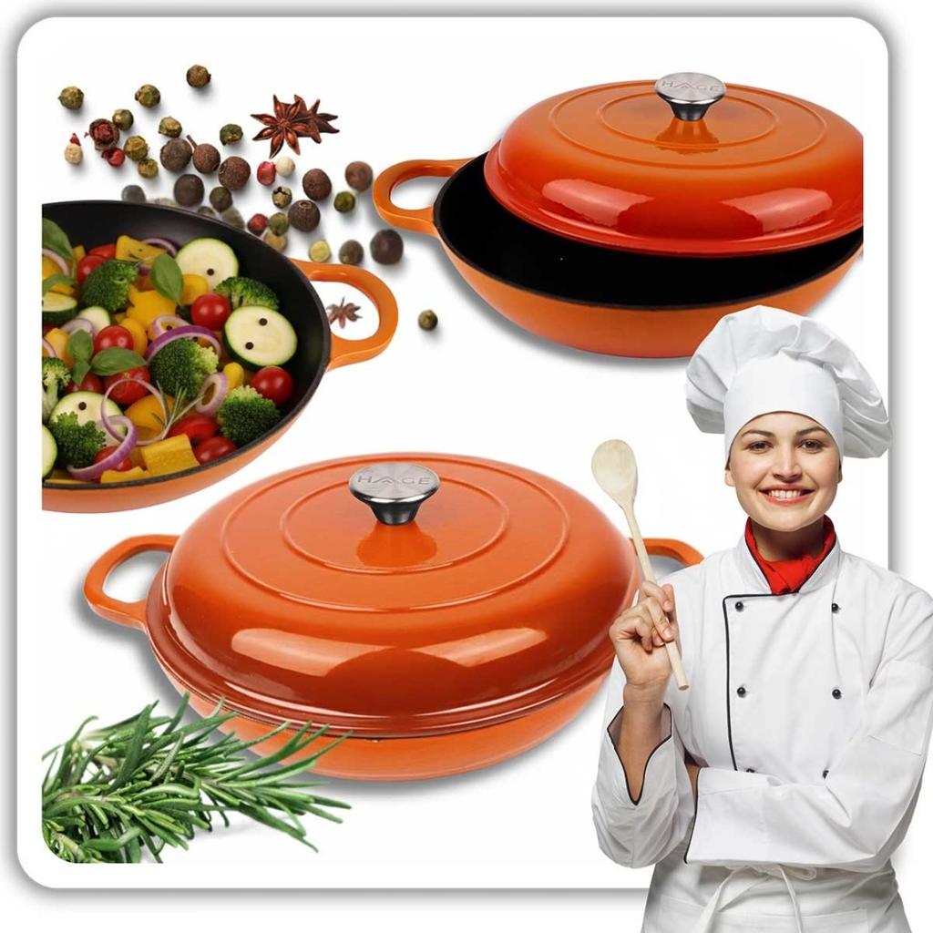 EMALIOWANY GARNEK ŻELIWNY PŁASKI 30cm 3L HAGE ORANGE