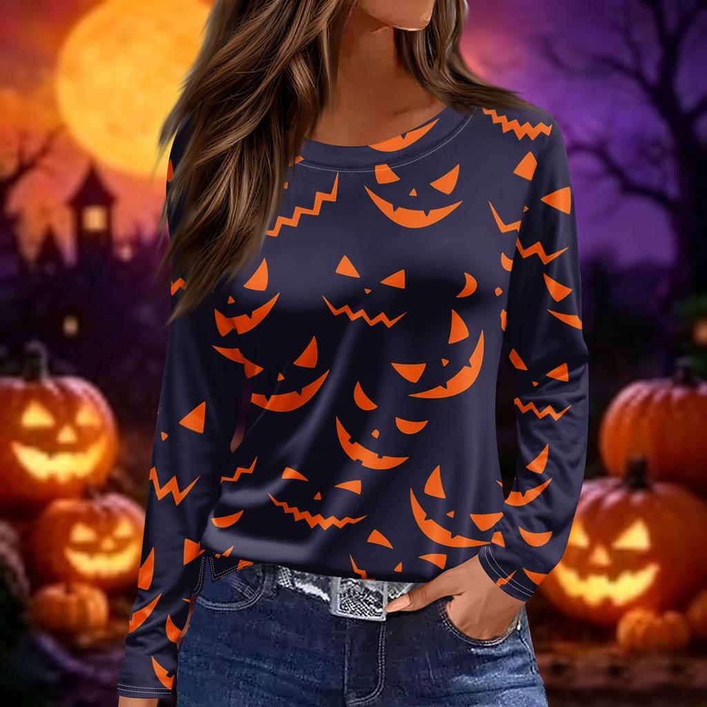 Women's Fashion Long Sleeve Top Crew Neck Halloween Print Split Hem Casual Shirt Lightweight Comfortable Fit