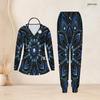 Women Plus Size Black Blue Printed Nurse Scrub Set V Neck Long Sleeve Pocket Top Long Pants