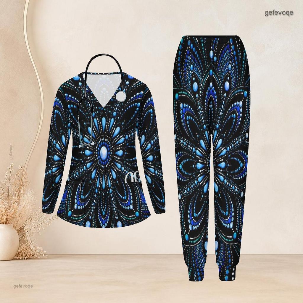 Women Plus Size Black Blue Printed Nurse Scrub Set V Neck Long Sleeve Pocket Top Long Pants