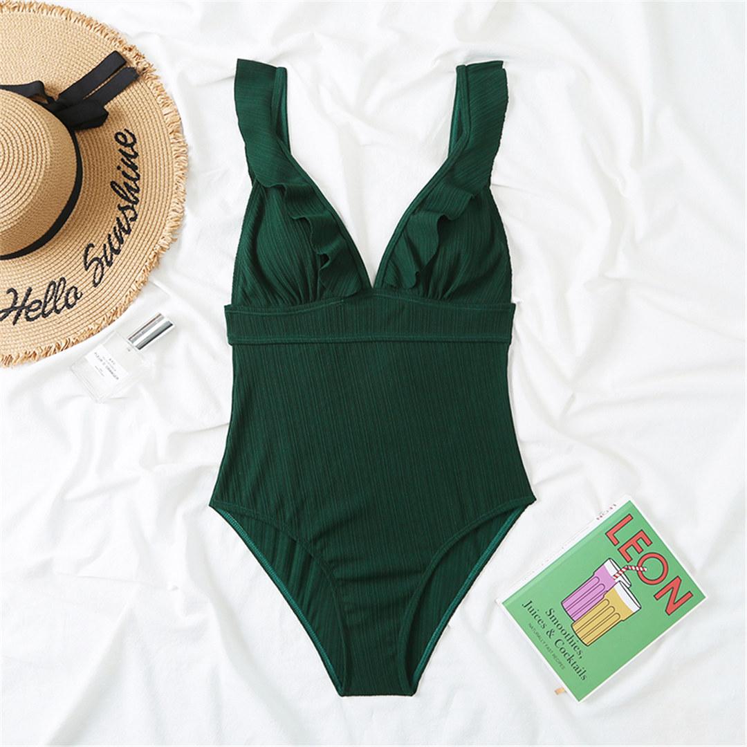 

6 цветов с рюшами и v-образным вырезом, женский купальник, цельный купальник, женский монокини со шнуровкой и открытой спиной, купальный костюм, купальный костюм S зелёный