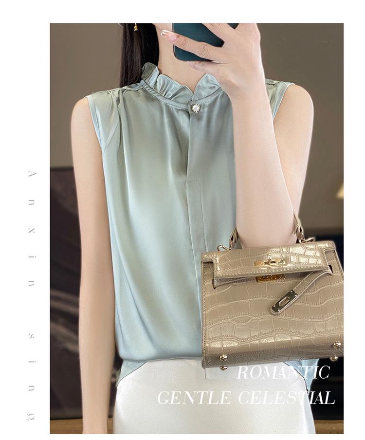 Women's Satin Sleeveless Tank Top with Lace Ruffle Stand Collar