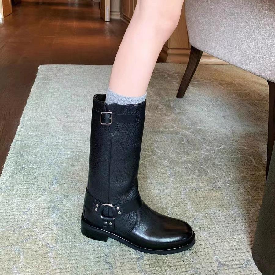 Cowhide~ Grape Mom same British style belt buckle medium boots thick heel Martin boots women's western boots knight boots