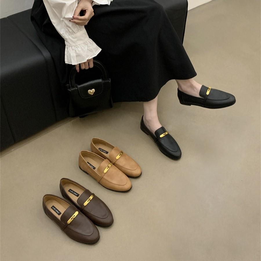 Spring British small leather shoes women's flat bottom round head low heel single shoes one pedal Doudou soft sole loafers 2025