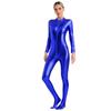 Womens Metallic Shiny Zentai Jumpsuit Mock Neck Long Sleeve Front Zipper Full Body Unitard Tights for Dance Performance