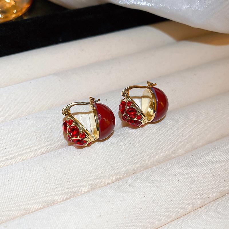 Square love red earrings literary and artistic fan temperament retro stud earrings New Year's earrings women