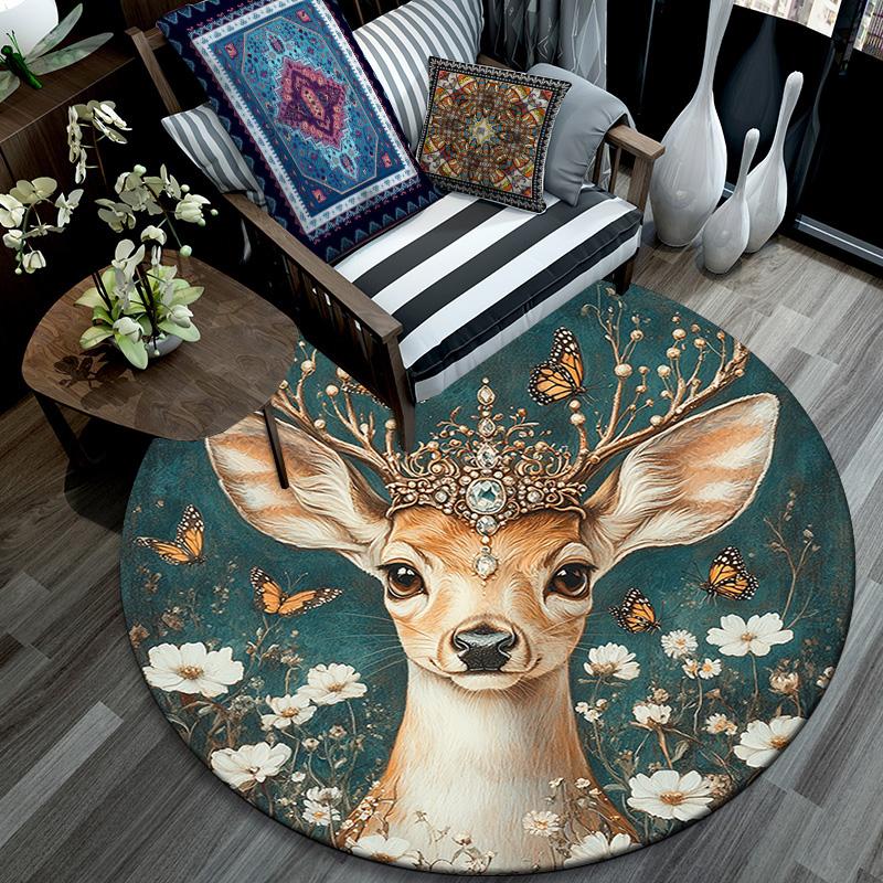 Deer with Flowers Round Area Rug,Carpet Rug for Living Room Bedroom Sofa Playroom Decor,Non-slip Floor Mat