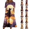 Women's Casual Round Neck Dress with Halloween Print and Pockets