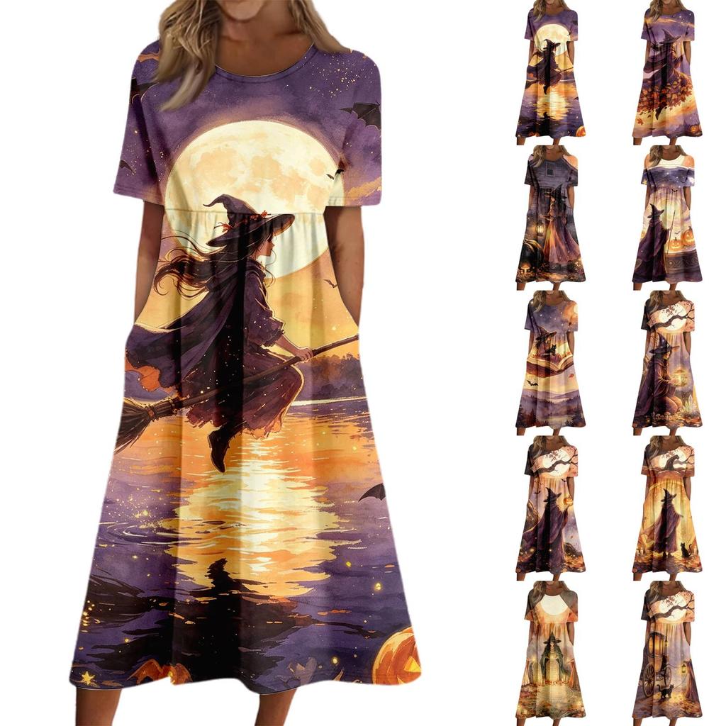 Women's Casual Round Neck Dress with Halloween Print and Pockets