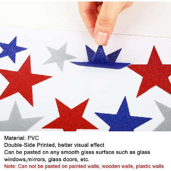 Whaline 6 Sheets Glitter Stars Window Clings Patriotic Glitter Blue Red White Stars Window Stickers Double-Sided 4th of July Window Decals for