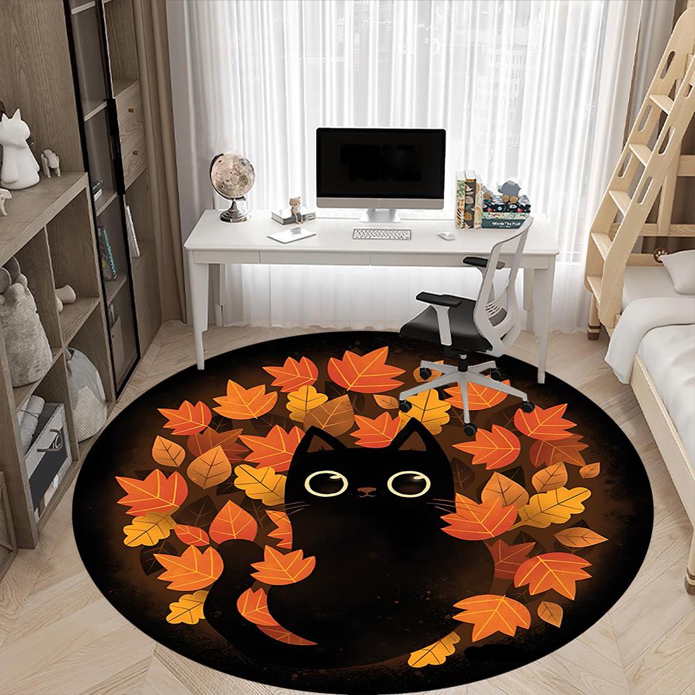 1pc Autumn Cat Office Round Area Rug, Indoor Mat Suitable For Office, Under Office Chairs Bedroom Living Room Home Decor, Room Deco