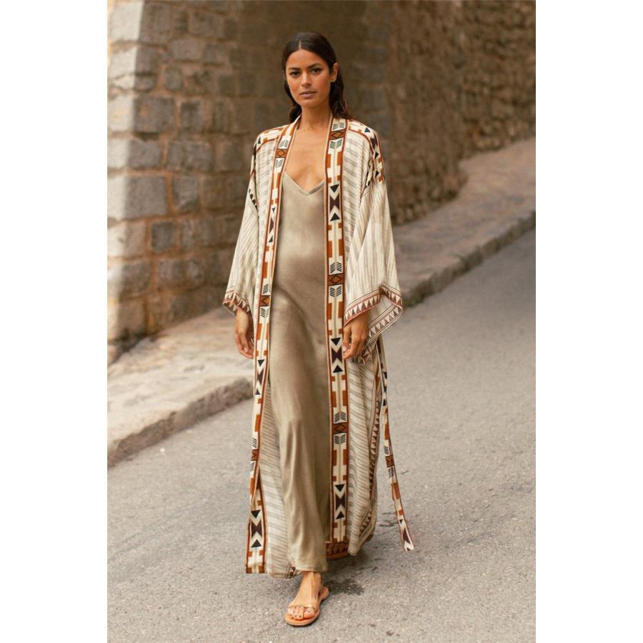 Women's Viscose Long Printed Kimono Cardigan Flowy Beach Cover Up Robe, Loose Open Front Vacation Shirt 0979